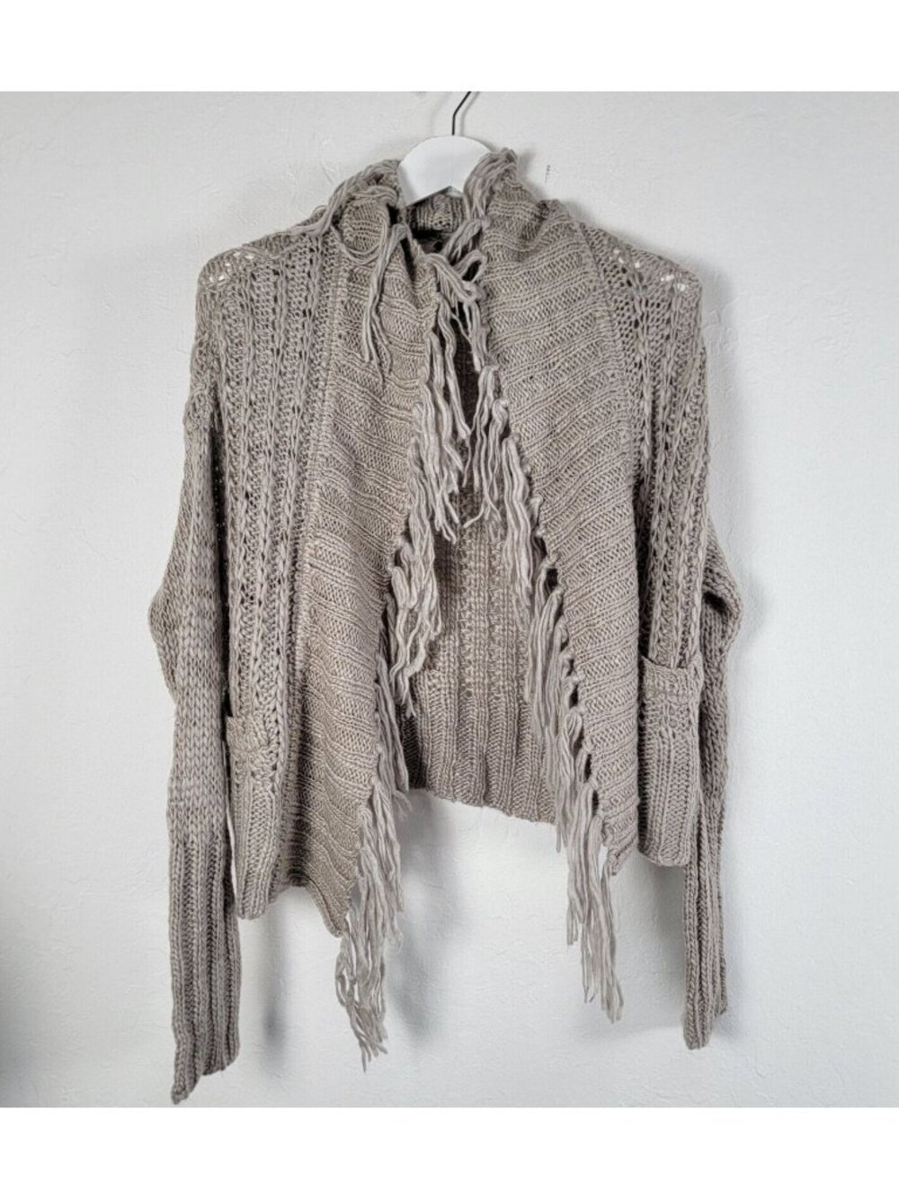 Johnny Was Pete & Greta Fringe Trim Chunky Knit Cardigan XS Gray Wool Blend